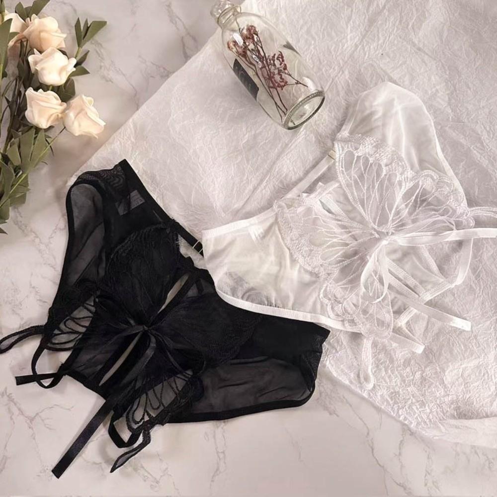 Sheer Mesh Ribbon Bow Briefs Embroidery Butterfly Panties Fashion Open Crotch Briefs Ladies Girls