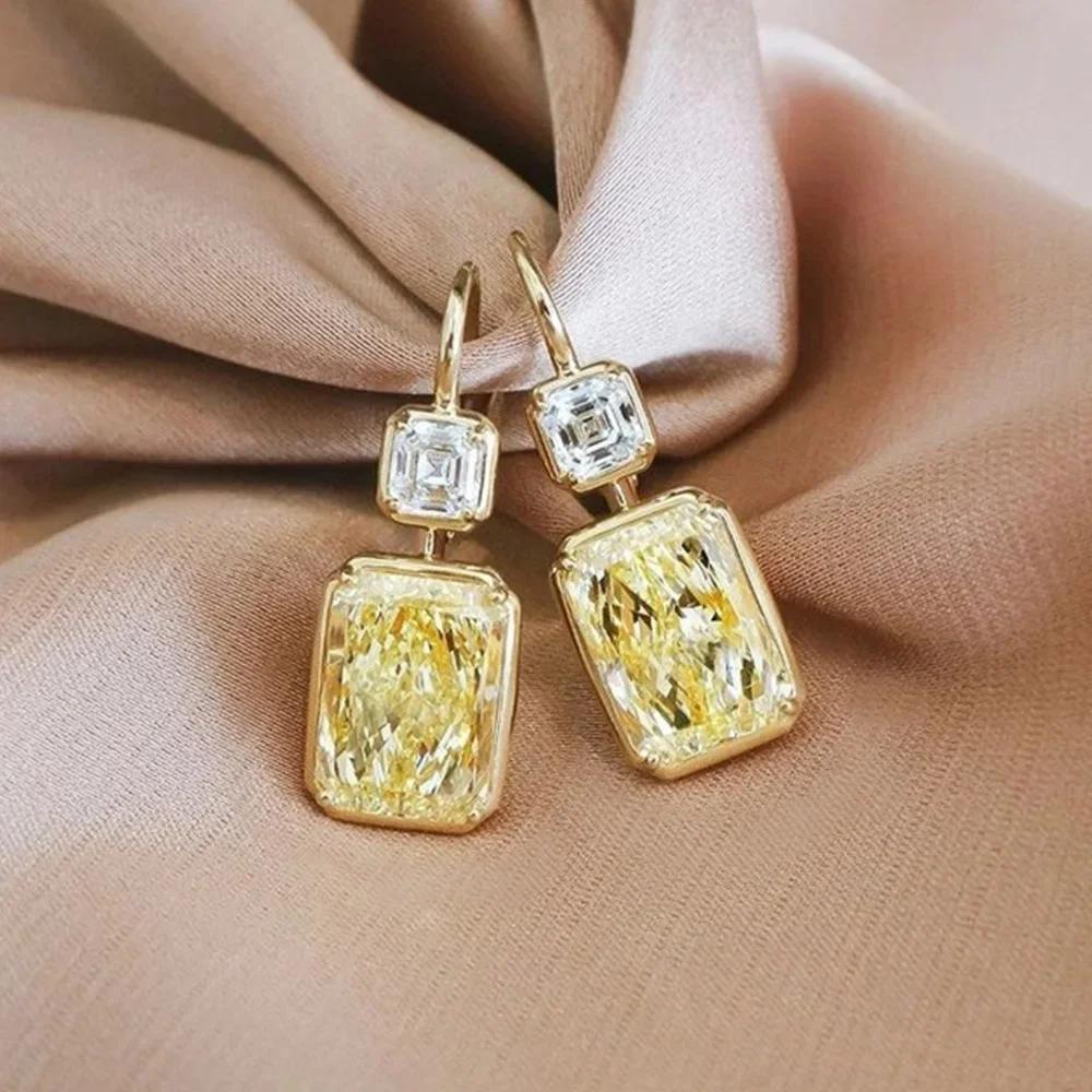 New Simple And Elegant Square Cubic Zirconia Earrings Bling Yellow Cz Dangle  Luxury Women Wedding Engagement Jewelry