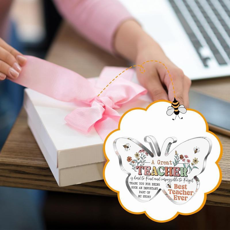 Teacher Appreciation Gift - Acrylic Keepsake Plate, Floral & Bee Design, Desk Decor for Classroom or - Best Teacher Award for Educators, Nurseries, Ho