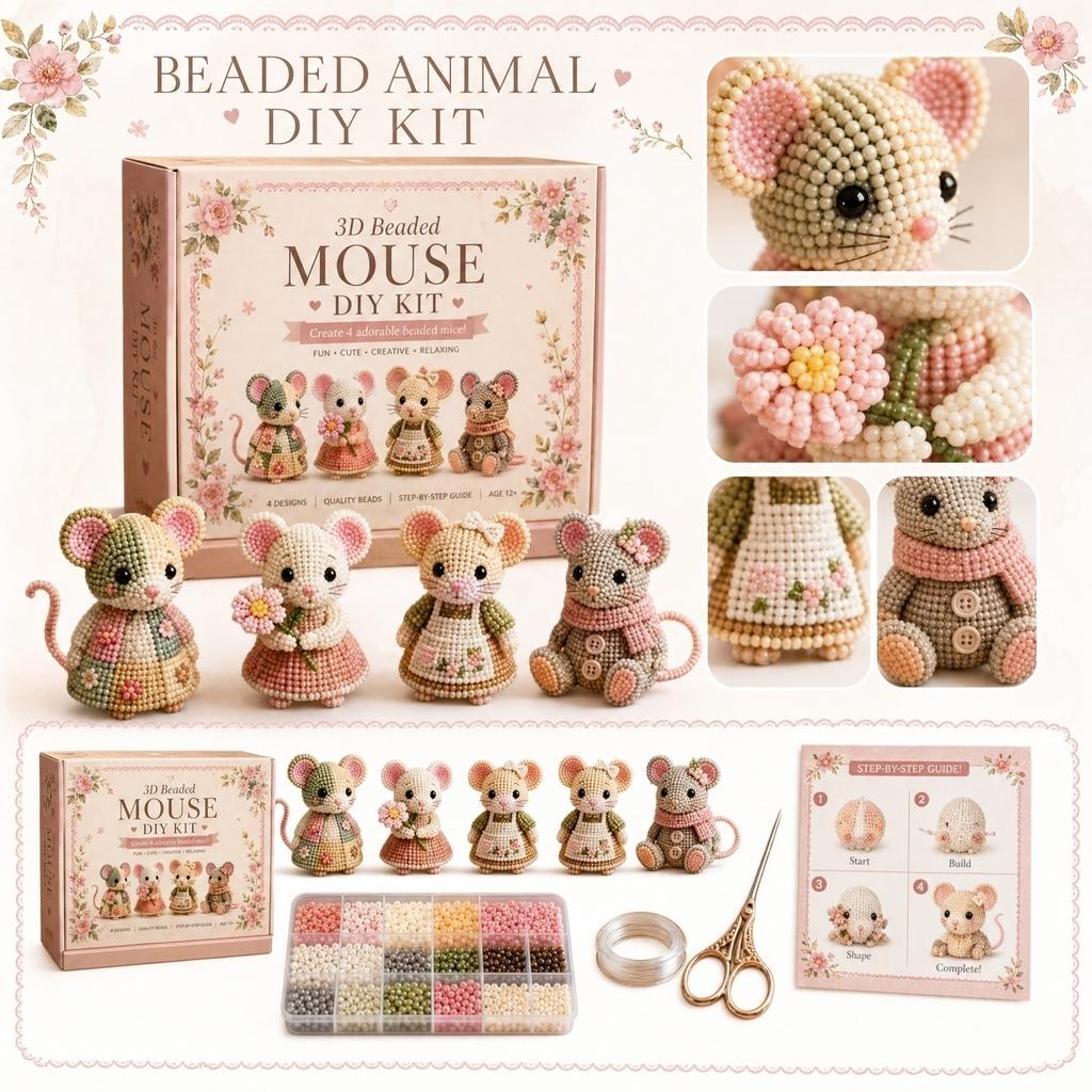 3D Beaded Mouse DIY Kit Complete Craft Set with Step by Step Guide Quality Beads Wire and Scissors for Handmade Animal Models Creative Fun Crafting