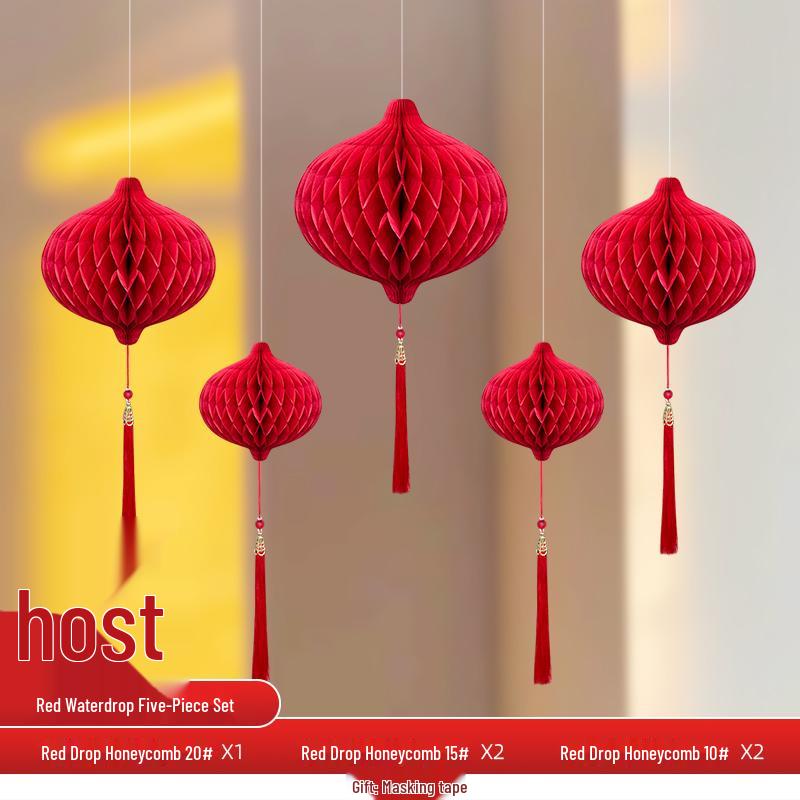 Wedding Décor Set: Honeycomb Balls, Folding Fans & Double Happiness Pendants for Groom's Room