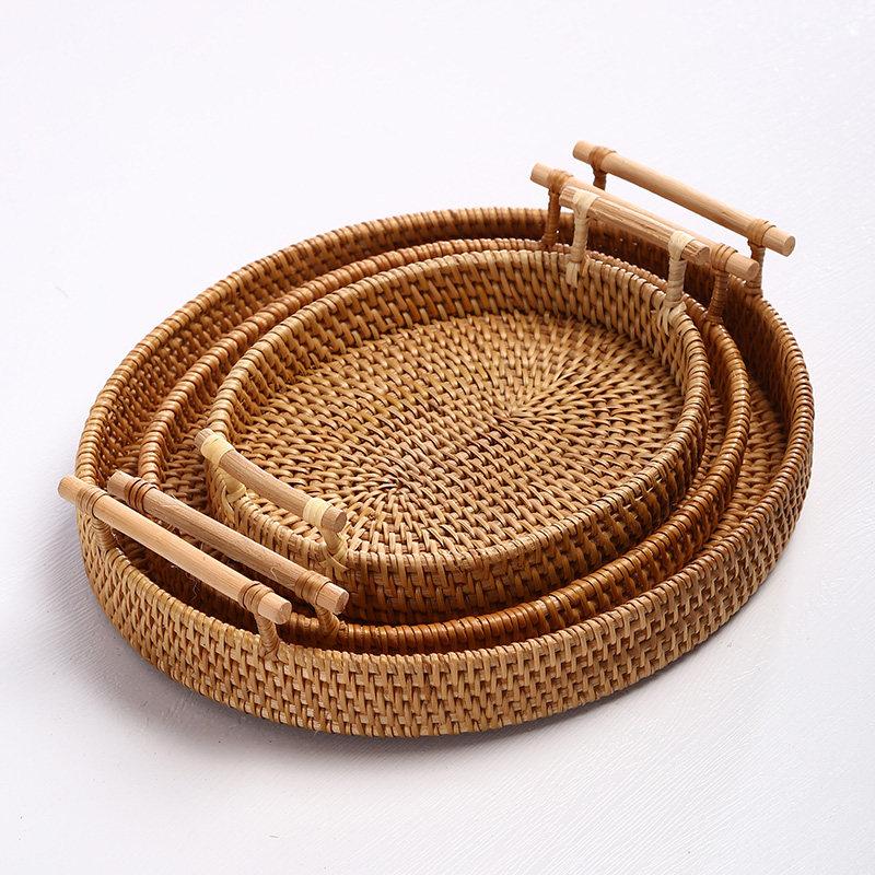 Handwoven Rattan Fruit Bowl Tray - Natural Woven Snack & Bread Serving Basket, Boho Style Tabletop Centerpiece for Kitchen
