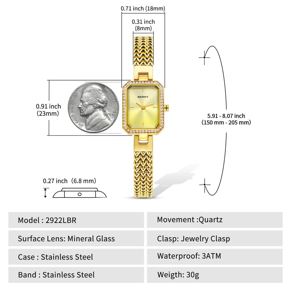 BERNY Watch Ladies Watch Bracelet Crystal Stylish and Luxury Birthday Gift 3ATM Waterproof Women's Set, Decoration, -