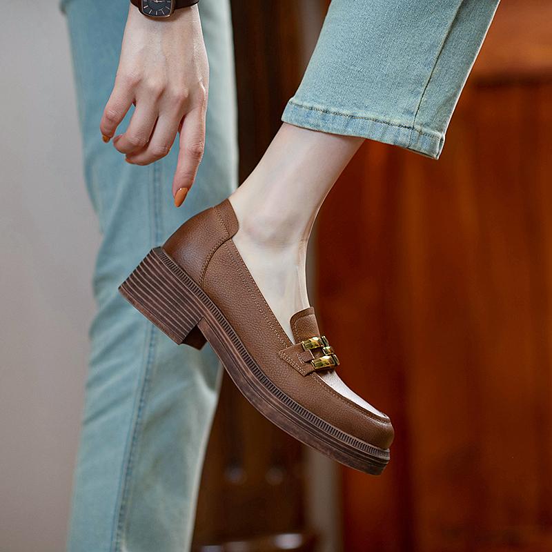 Ny Mote Nubuck Lær Damesko Retro Rund Tå Loafers Sko Dame Slip-On Platformsko Zapatos De Mujer Håndlaget