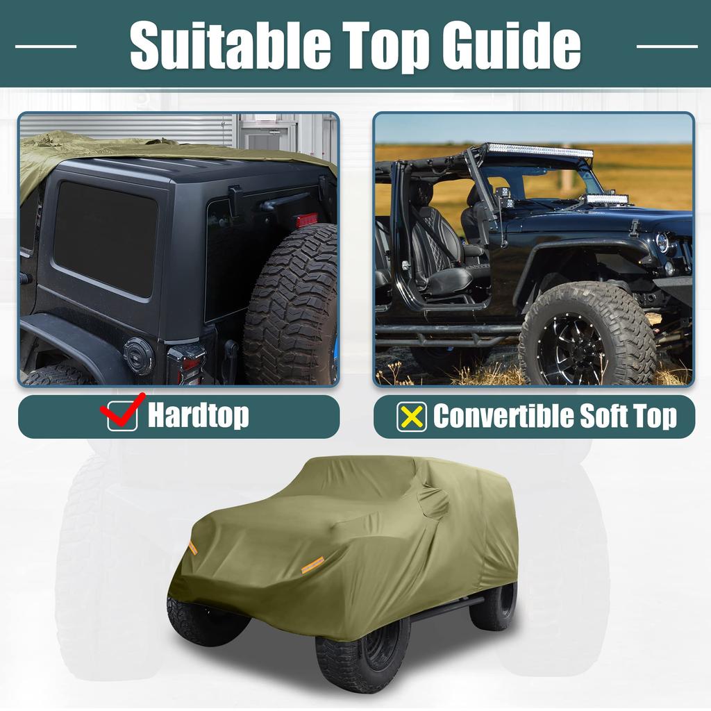 X AUTOHAUX SUV Car Cover for Jeep Wrangler Outdoor Waterproof and Snow 210D Oxford Dark Green JK/JL 2-Door (2007-2021) - Sun, Rain, Dust, Wind,