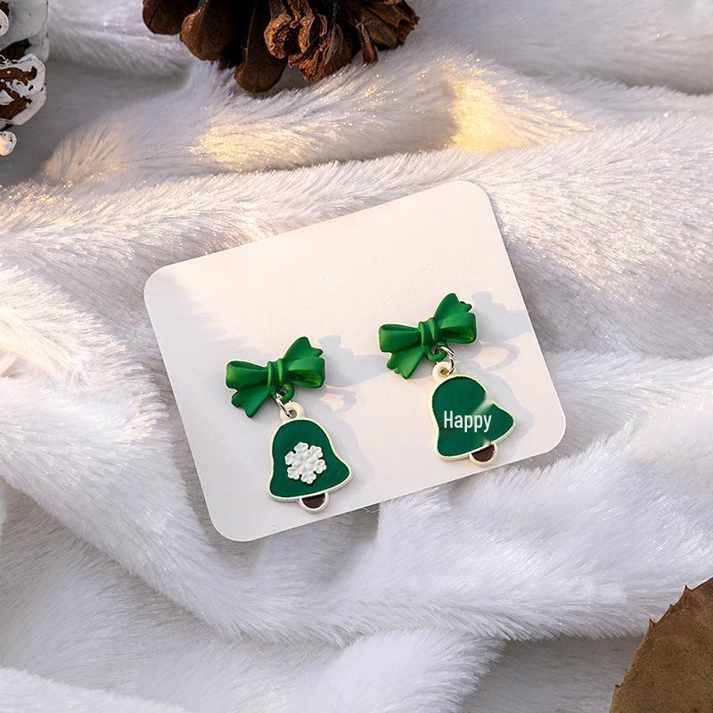 Silver Needle Christmas Reindeer & Snowflake Asymmetrical Earrings with Bell and Heart Details