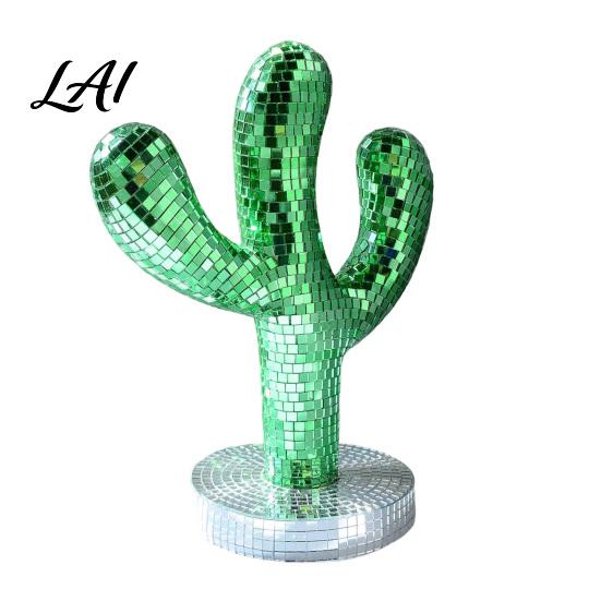 Creative Shiny Cactus Figurine Disco Ball Statue Green Mirror Mosaic Decor Retro Decorative Object for Entryway Table Ornament Home Christmas Party