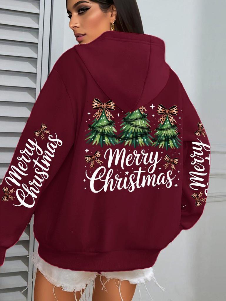 Women's Christmas Bow & Tree Pattern Casual Hoodie for Autumn