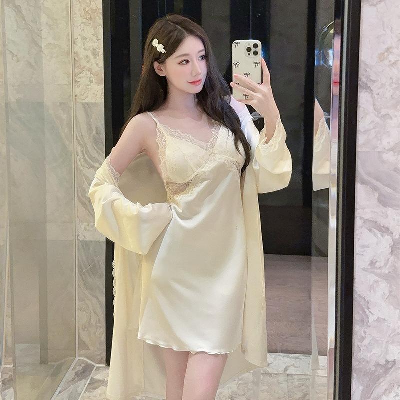 French pajamas women's summer ice silk suspender nightgown two-piece set sexy back waist thin nightgown with chest pad