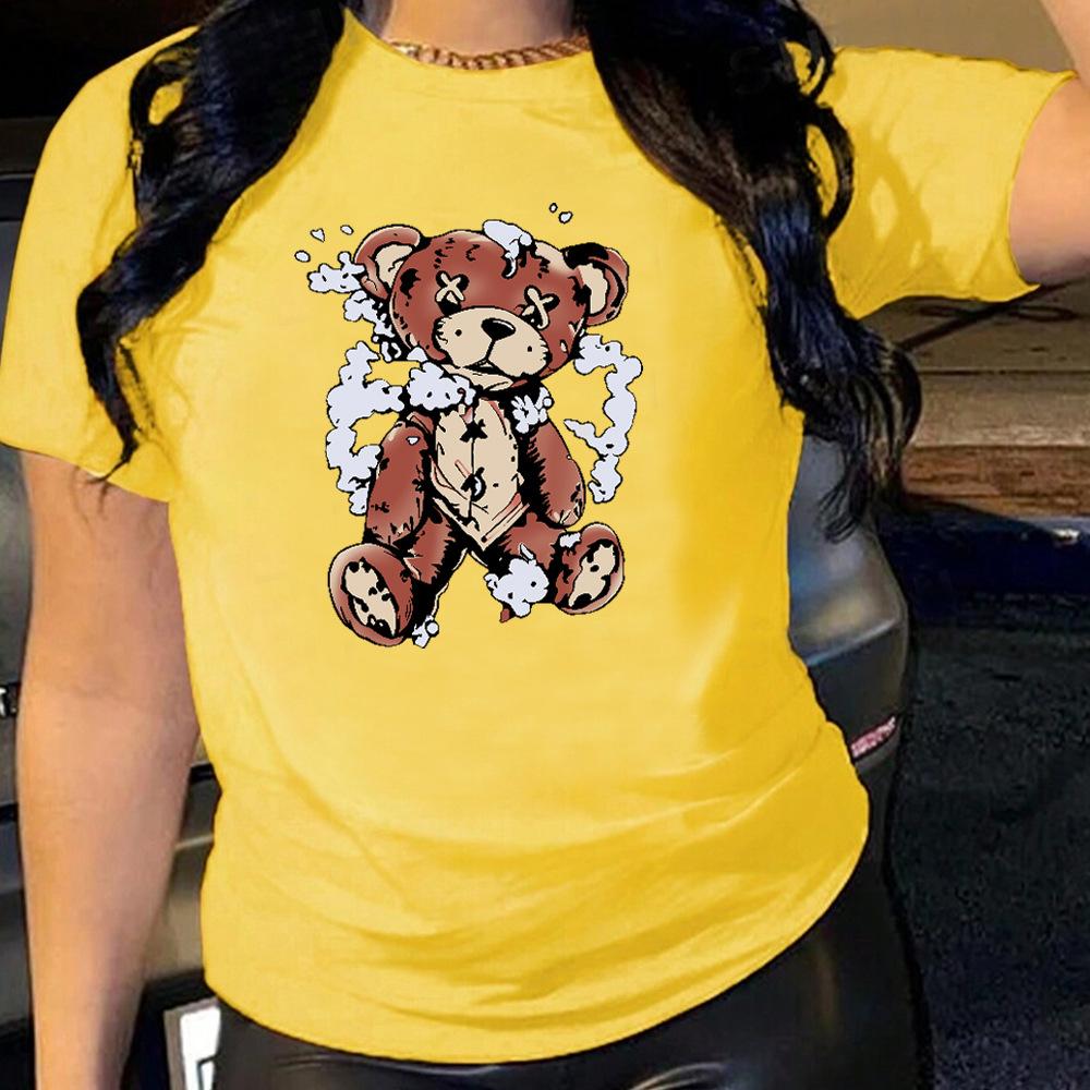 Cartoon Bear Cotton T-Shirt Short Sleeve Soft Tee Round Neck Women 2d Print Tops