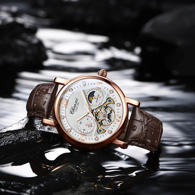 CHENXI Fashion Automatic Mechanical Watch Sun Moon Phase Tourbillon Waterproof Leather Strap Alloy Case Men's Watch
