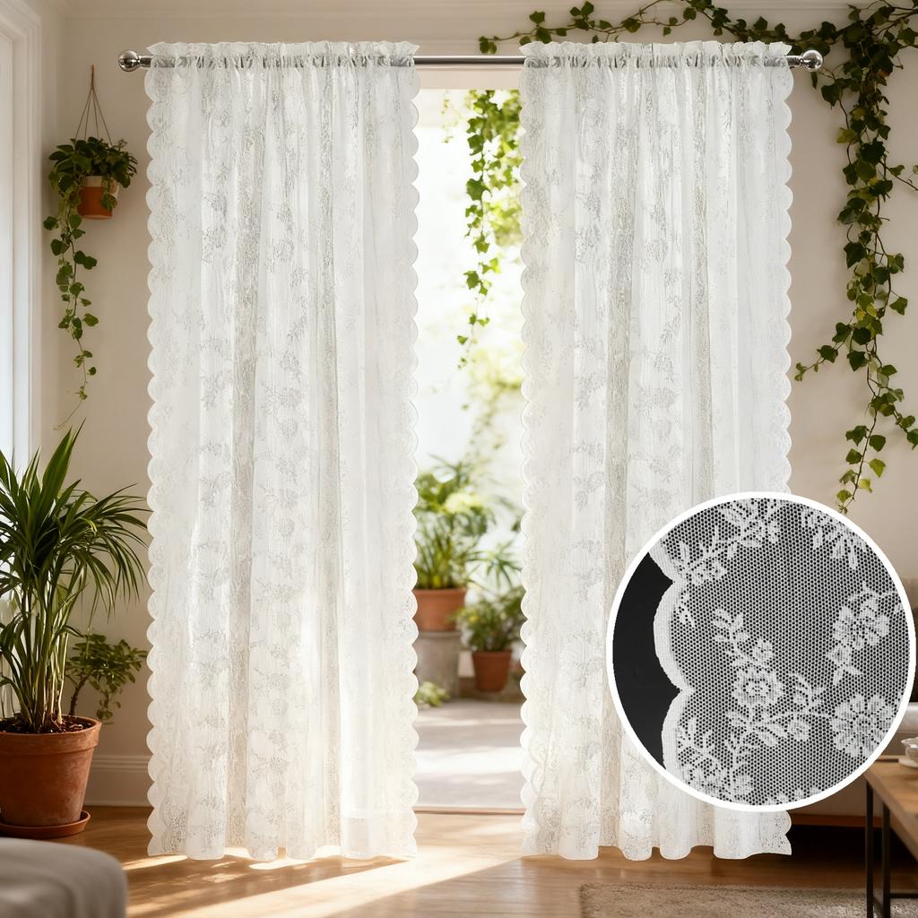 White Floral Embroidered Lace Sheer Curtains Rod Pocket Window Voile Drapes for Living Room Bedroom Wedding Stage Decor