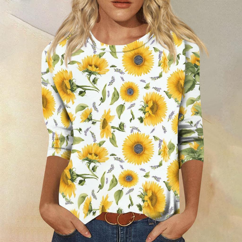 Women's Fashionable Casual Round Neck Three-Quarter Sleeve Printed T-Shirt Top