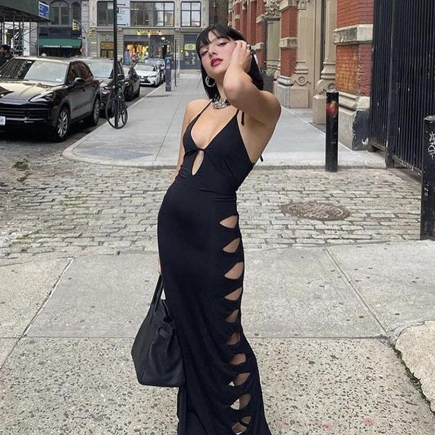 European and American women's clothing neck-hanging dress hollow low-cut tight Spice girl pure desire wind hip-wrapped long dress hollow hip-wrapped