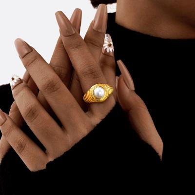 Chunky Croissant Statement Pearl Ring For Women, Stainless Steel Wedding Band Birthday Gift Bague