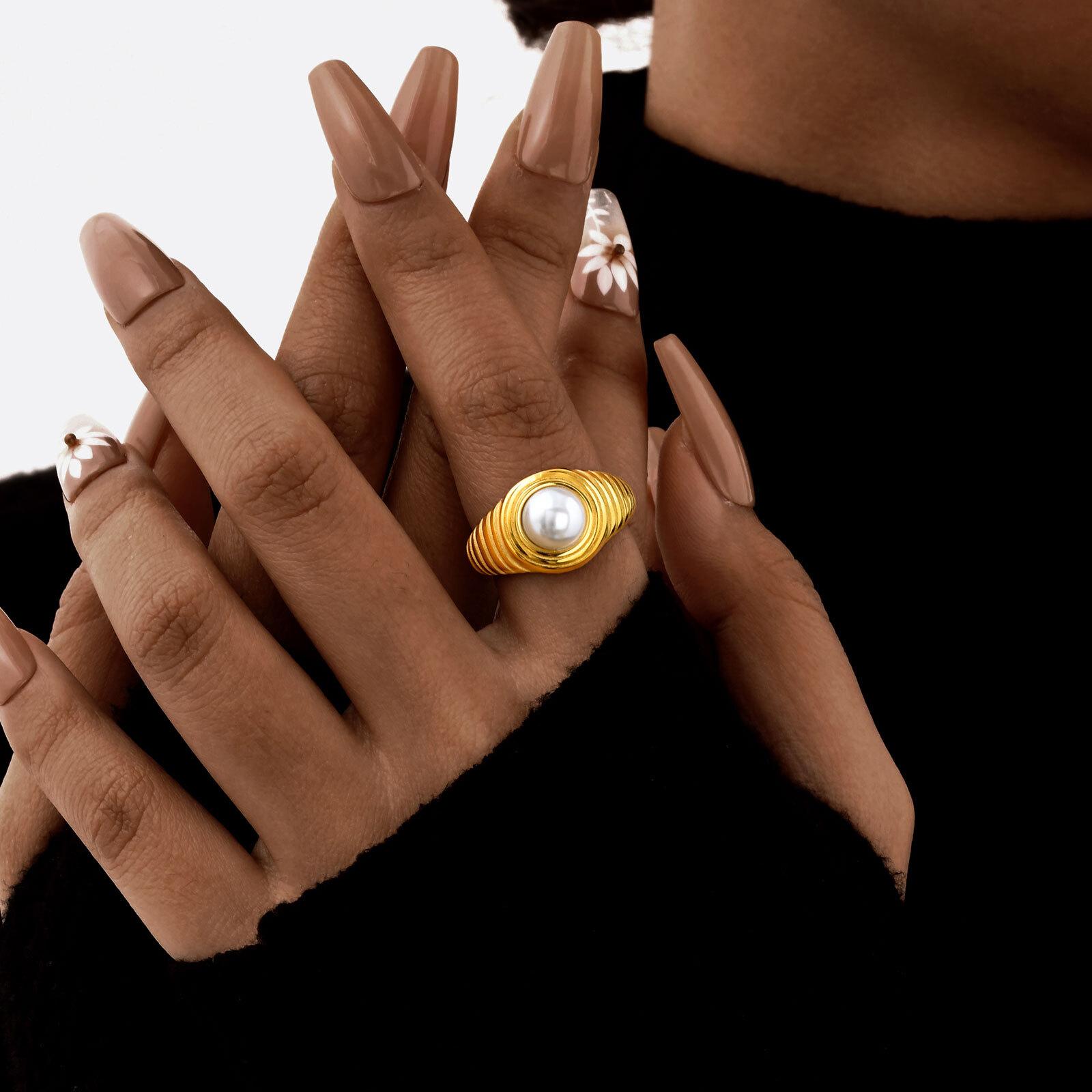 

Chunky Croissant Statement Pearl Ring For Women, Stainless Steel Wedding Band Birthday Gift Bague US Size 06