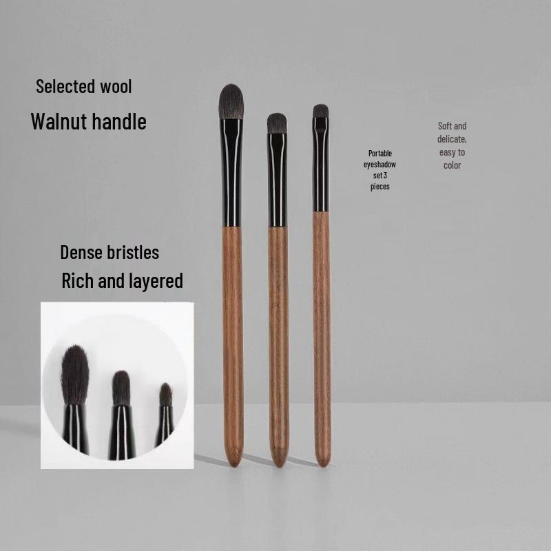 Three-Piece Portable Eyeshadow Brush Set: Base, Under-Eye, and Detail Brushes with Walnut Handles