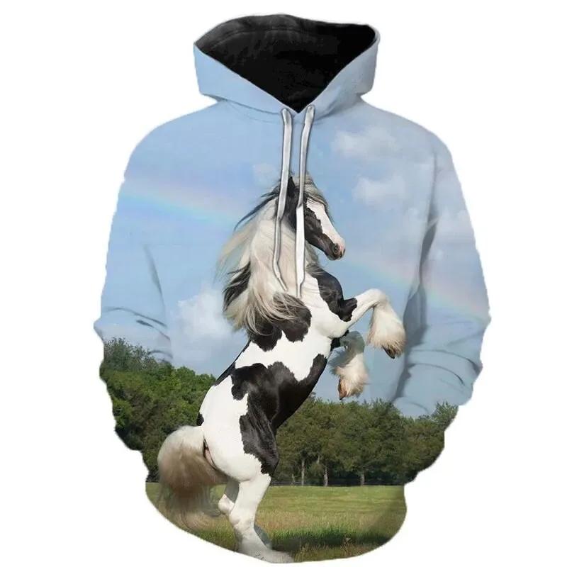 Autumn 3D Horse Pattern Printed Hoodies Fashionable Casual Sports Long Sleeved Men's Hooded Sweatshirts