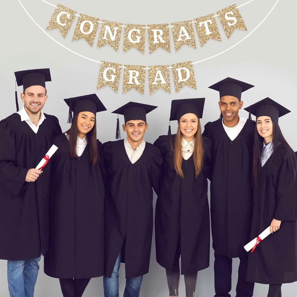 3sets Pre-strung Congrats Grad Banner Golden Glitter Graduation Party Banner Pre-strung Garland on Strand Party Streamer Decorations & Decor