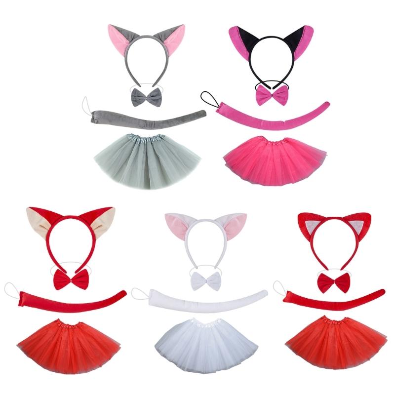 Foxes Tail Costume with Foxes Ear Headband Skirt and Bowtie Halloween Cats Foxes Costume for Kid Adult Halloween Cosplay