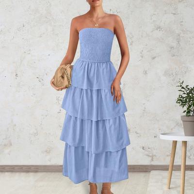 Lady Strapless Dress Off Shoulder Backless Sleeveless Beach Dress Layered Ruffle Scattered Hem Vacation Dress Elastic Bust Maxi Dress