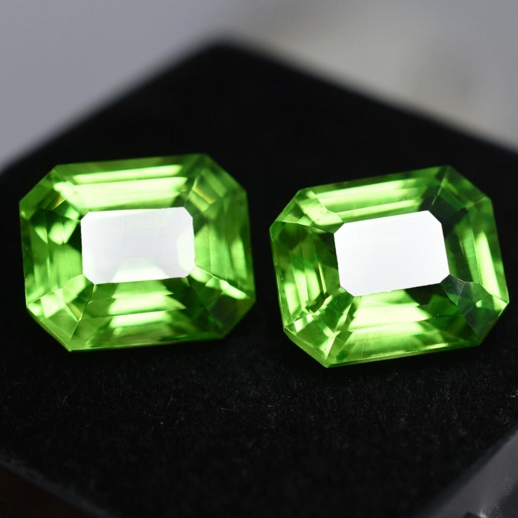 CERTIFIED 16.12 Ct Natural Peridot Emerald Cut Loose Gemstone PAIR For Jewelry
