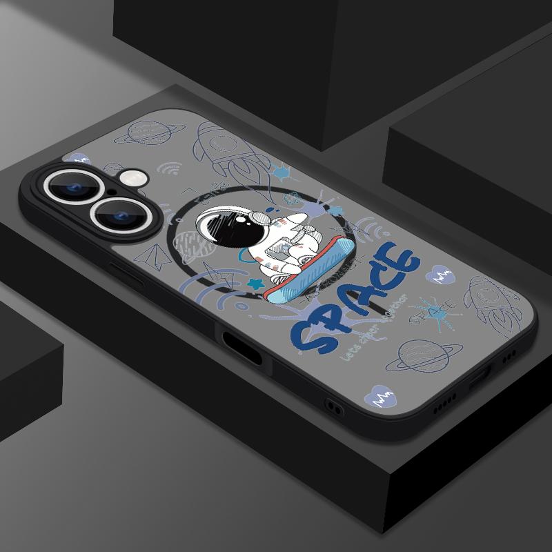 Planet Astronaut Pattern Clear Matte Case For iPhone 16 Pro Max 15 Pro 14 13 Wireless Charge Shockproof for Magsafe Magnetic Phone Cover