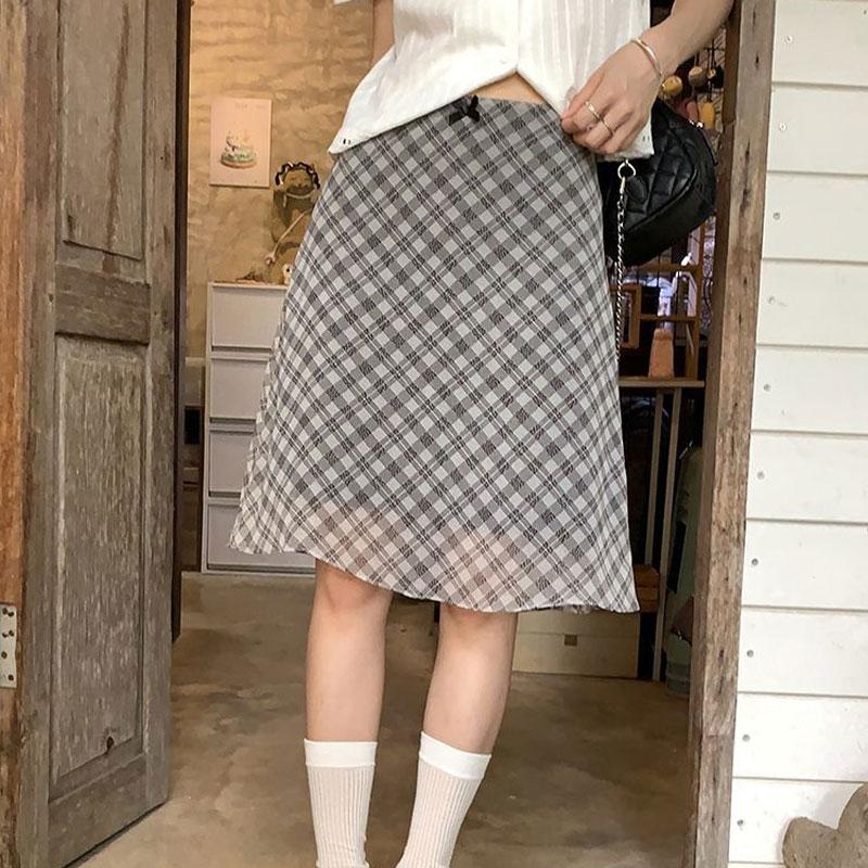 

Women Plaid High Waist A Line Midi Skirt Casual Vintage Skort S серый