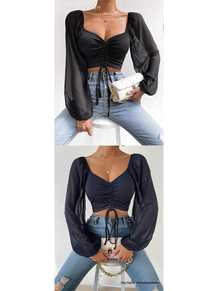 Summer V-neck Chiffon Lantern Sleeve Slim Fit Top