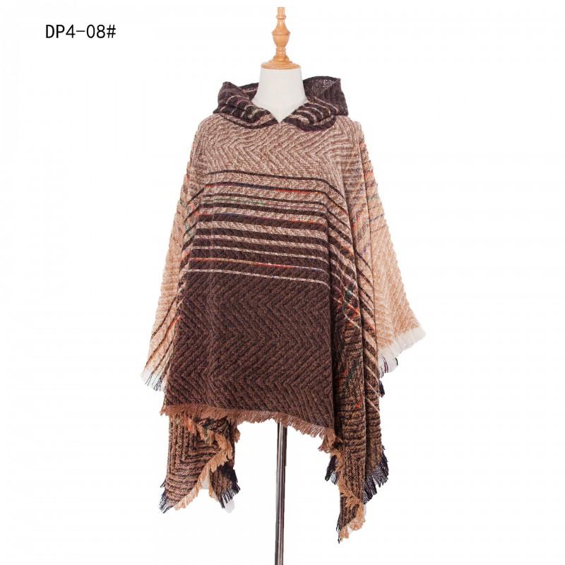 Womens Gradient Herringbone Circle Yarn Hooded Poncho Sweater Shawl Winter Fall Streetwear