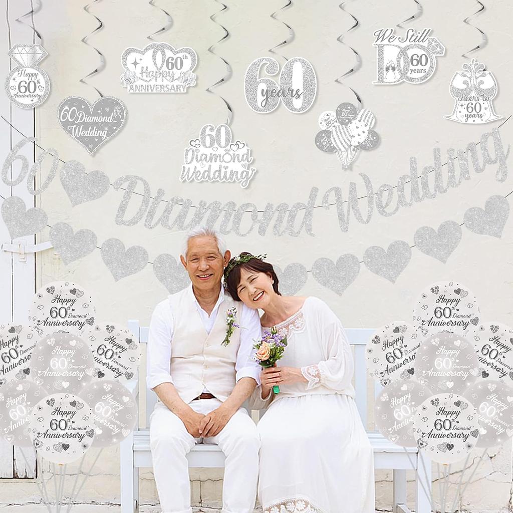 60th Diamond Wedding Anniversary Decorations, Glitter Banner, Cake Topper, Hanging Swirl, Silver Heart-shaped Love Foil Balloons, Party Festival
