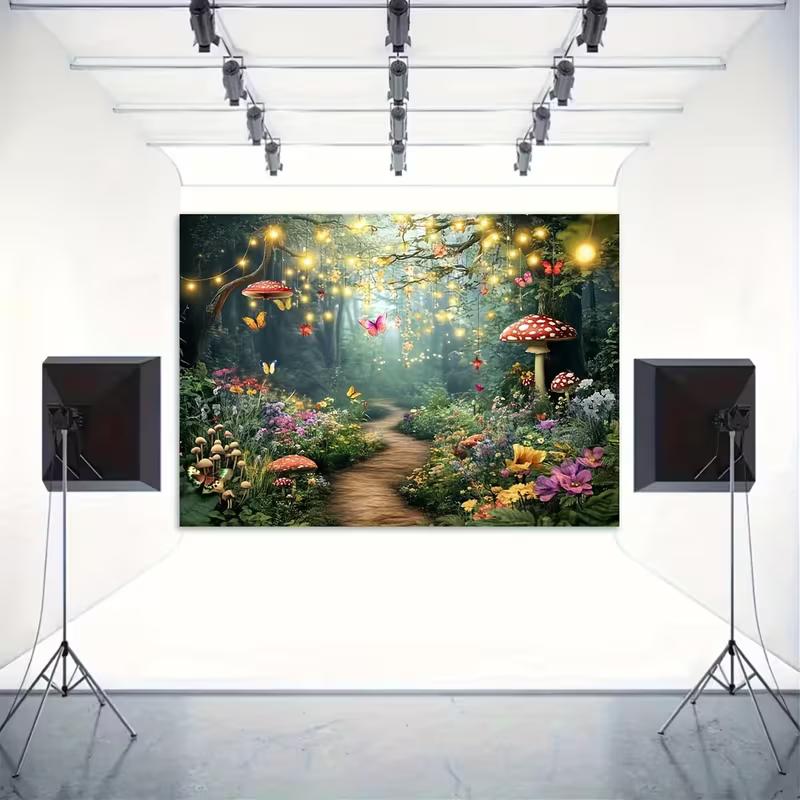 2D Printed Enchanted Fairy Forest Backdrop, Glowing Firefly & Mushroom Path Photo Background for Studio