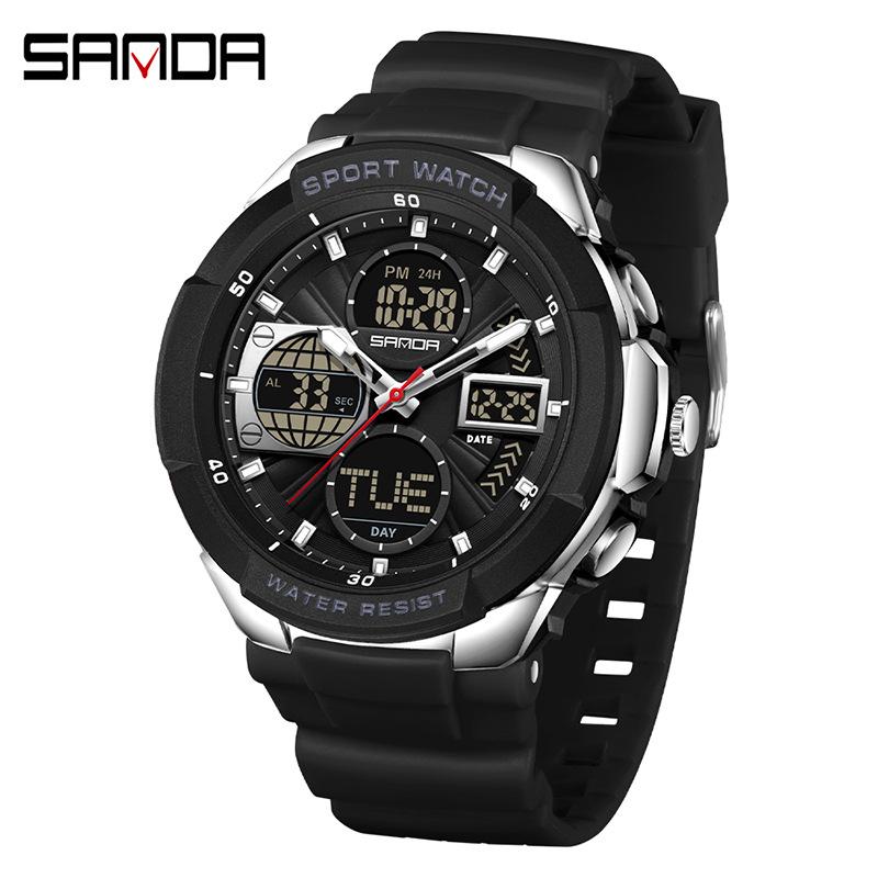 Sanda Men's Multifunctional Sports Watch with Three-Time Zone Dual Display & Waterproof Design