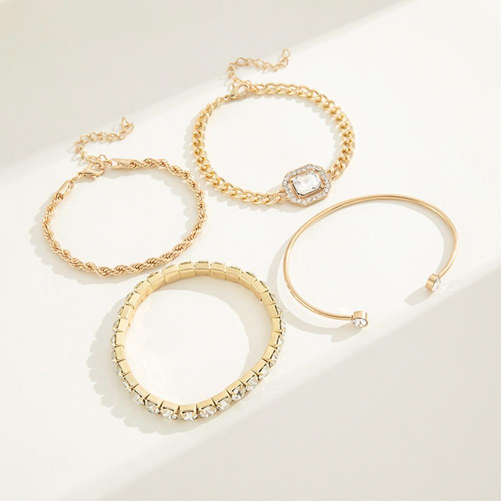4 Piece Set Women Zircon Fashion Versatile Retro Personality Fried Dough Twists Bracelet Imitation Gem Punk Bracelet Bracelet