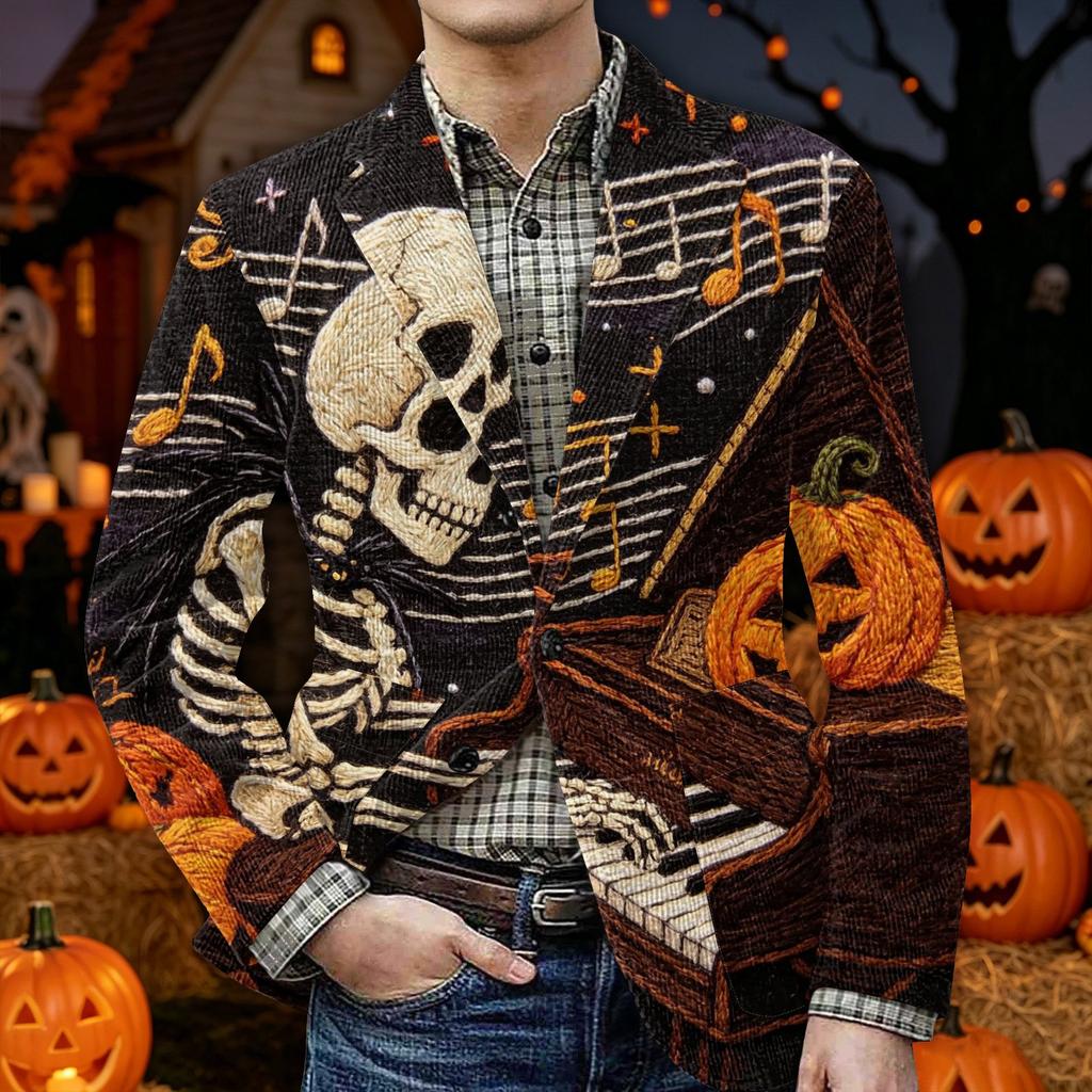 Men's Halloween Printed Corduroy Warm Blazer Jacket with Pockets Casual Suit Coat Button Front Corduroy Fabric Outerwear for Fall and Winter