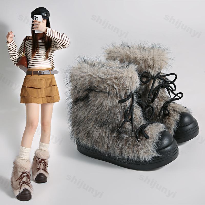 Stivaletti da Neve da Donna Invernali Pelliccia Designer Moda Corti Peluche Cotone Scarpe Retrò Pelosi Caldi Stringati Piattaforma Scarpe da Donna