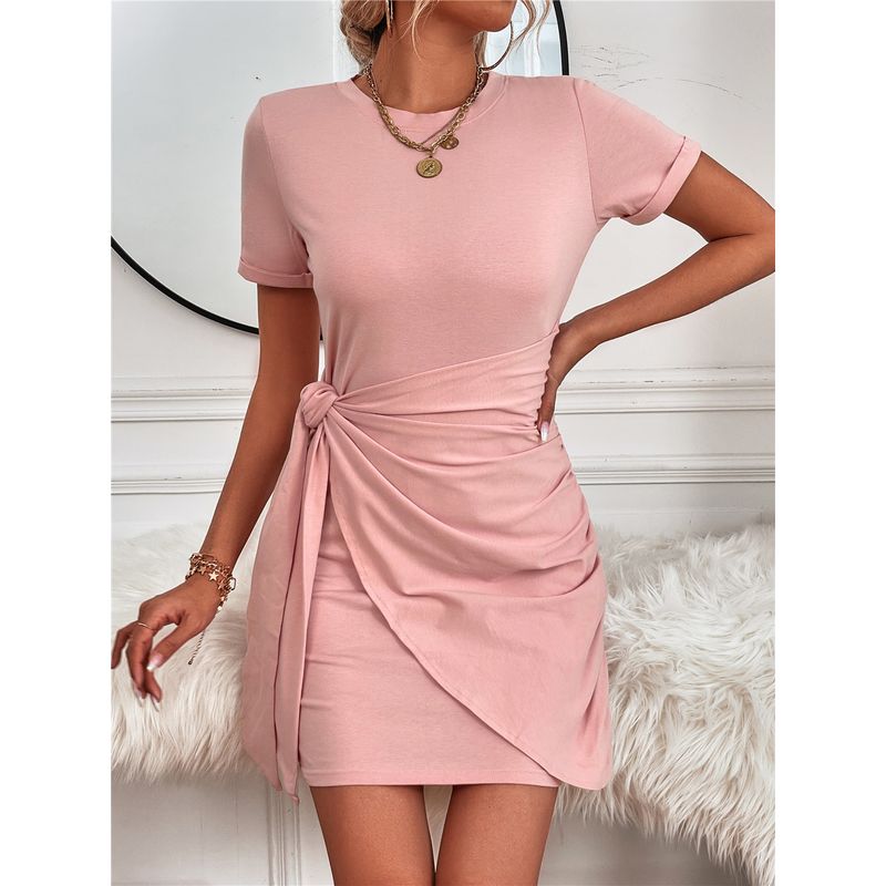 

Summer European and American Women s Clothing Short Sleeve Casual Solid Color Dress Women Women Dress Powder 2 XL