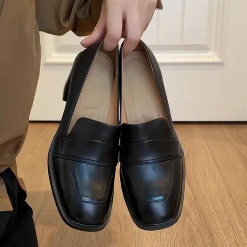 Vintage College Style Women Loafer Shoes Fashion Shallow Slip On Female Elegant Thick Heel Commuting Shoes