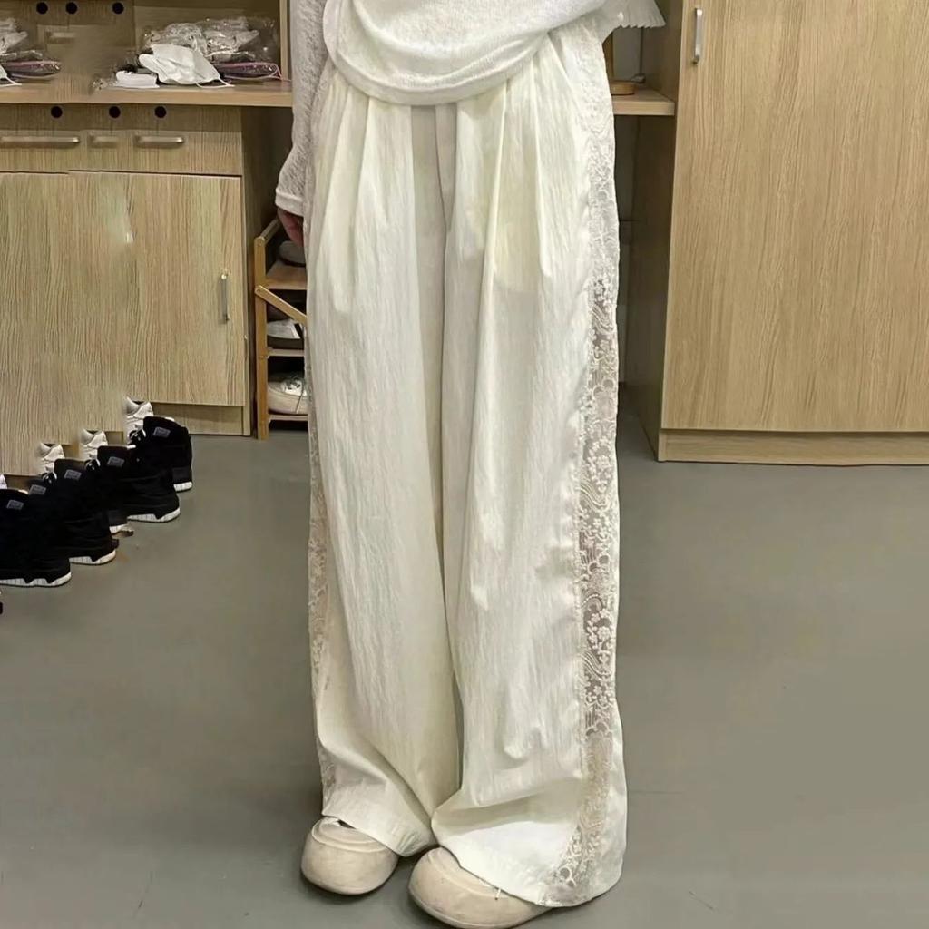 Women's Summer Stylish Lace-Trimmed Wide-Leg Pants - Straight Cut Casual Trendy Long Trousers