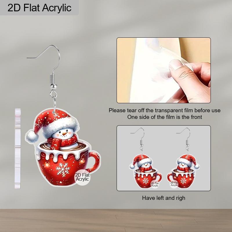 2D Flat 1Pair Christmas Festival Acrylic Cartoon Christmas Snowman Coffee Cup Pattern Earring Christmas Jewelry for Women Female