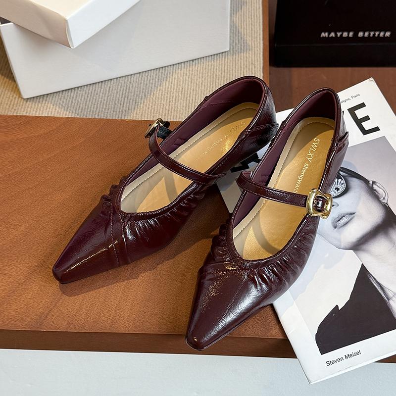 Women's Genuine Leather Pleated Point Toe Slip-on Mary Jane Flats 2cm Kitten Heel Elegant Ladies High Quality Soft Comfort Shoes