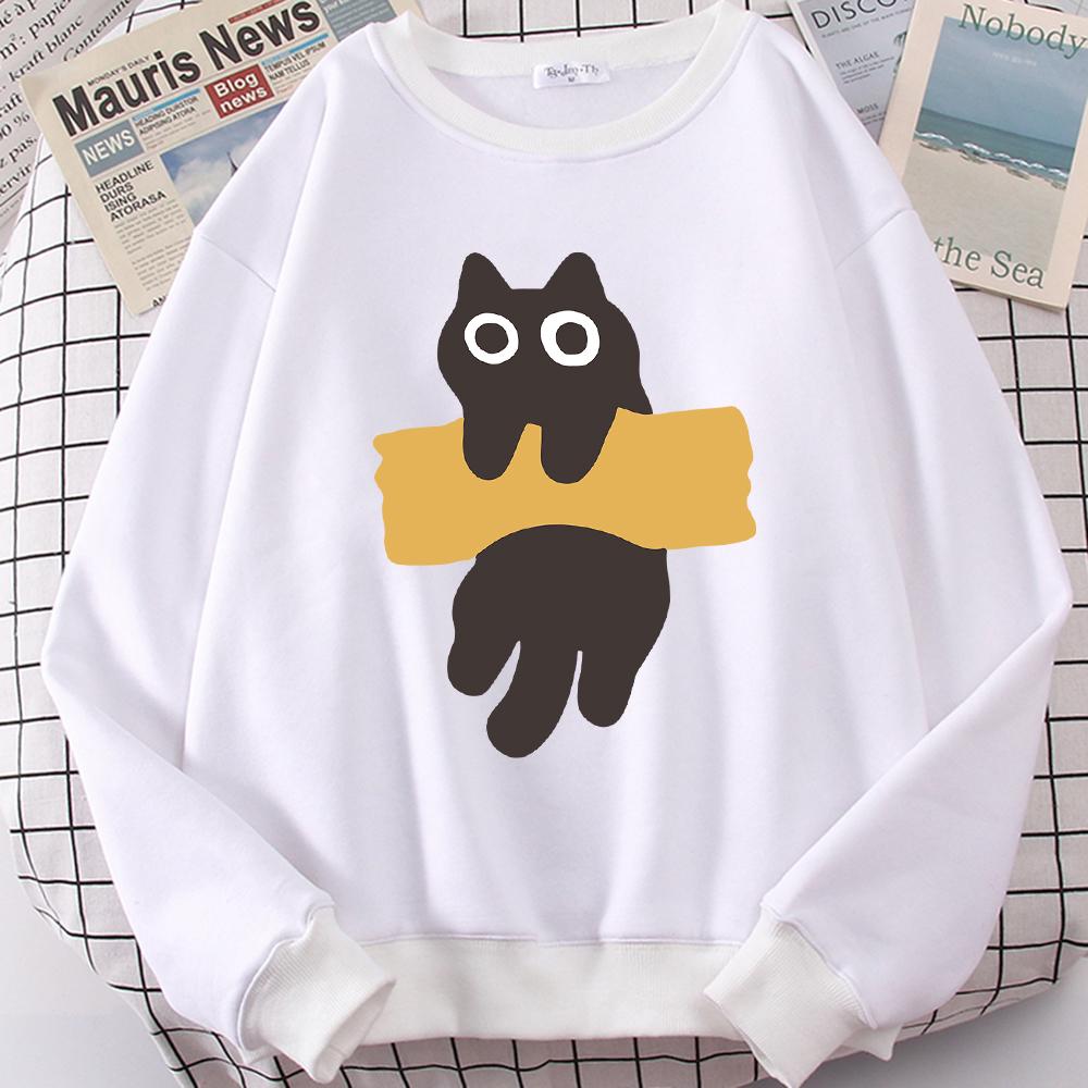 Fun Adhesive Tape Cat Cute Print Cartoons Hoody Men Women Hoodie Autumn New Hoodies O-Neck Loose Clothes Sweatshirts