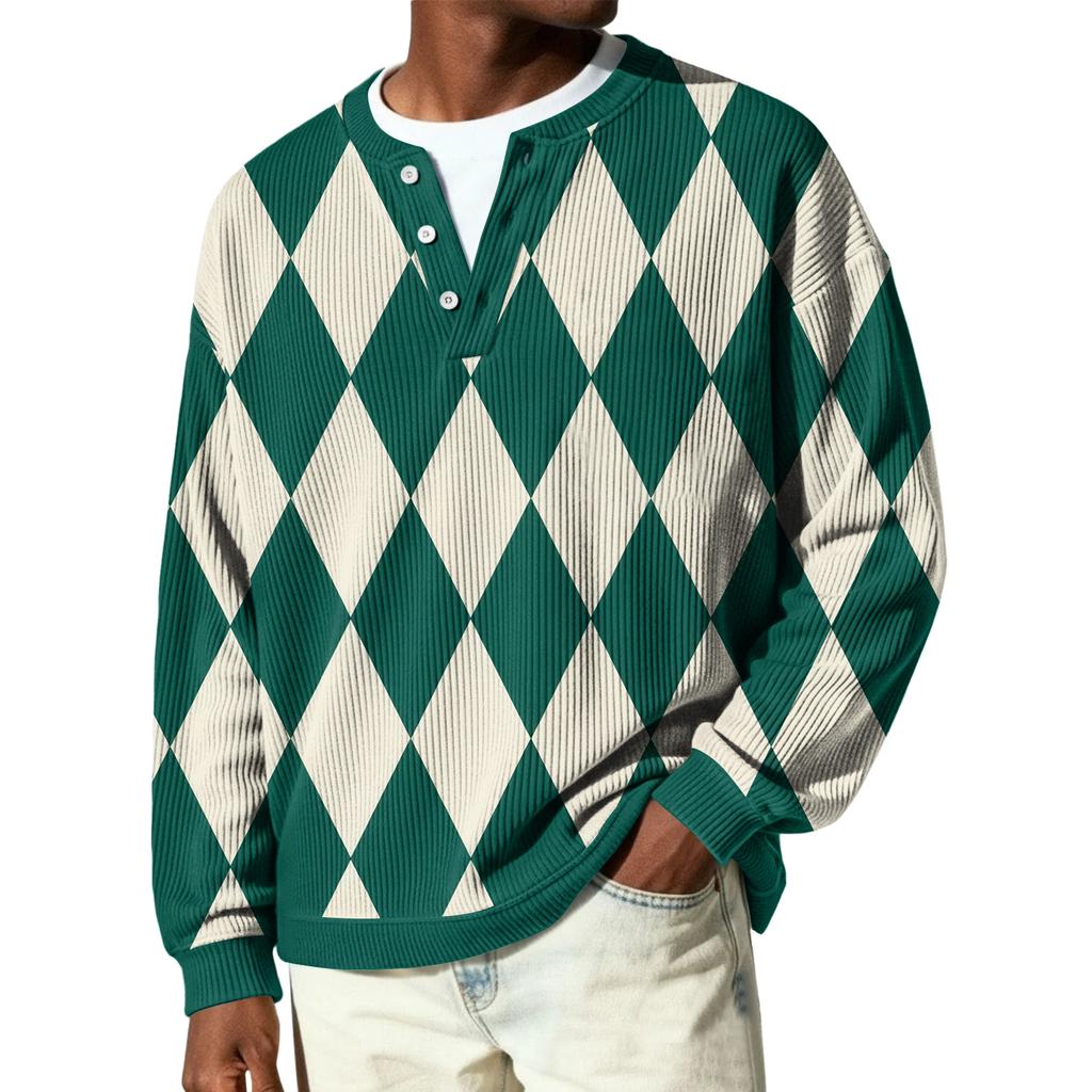 Męski sweter z dzianiny prążkowanej z długim rękawem, z kołnierzykiem zapinanym na guziki