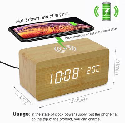 Digitaler Wecker aus Holz mit kabelloser Aufladung, 3 Alarme, LED-Anzeige, Klangsteuerung für Schlafzimmer