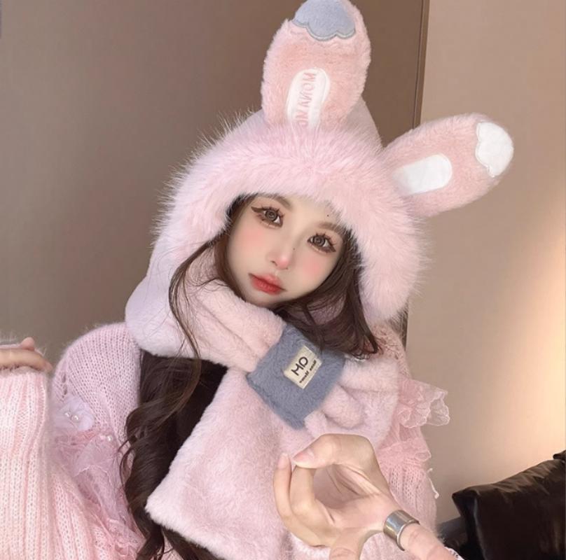 Thickened Hat Scarf with Cute Ears Plush Winter Hats for Women Beanies Pompom Knit Bonnet Fluffy Winter Cap Bomber Hats Women Outdoor Winter Warm Hat