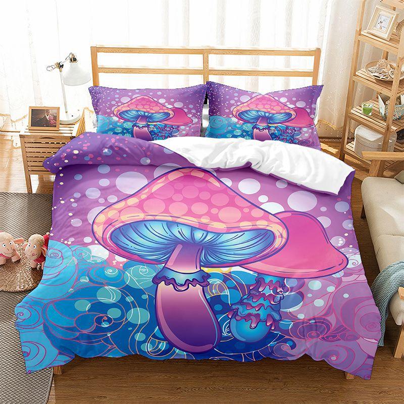 Mushroom Kids Duvet Cover Set King/Queen Size, Cartoon Trippy Colorful Fantasy Mushroom Soft Bedding Set For Girl Teen