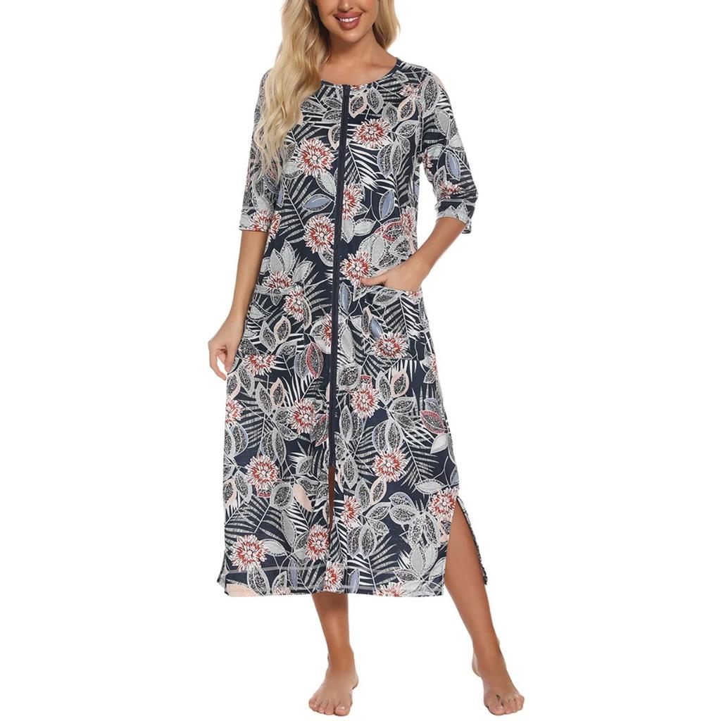 Cremallera Ropa de Dormir para Mujer Pijama Vestido de Maternidad Manga 3/4 Lactancia Bebé Lactancia Camisón Vestido de Embarazo
