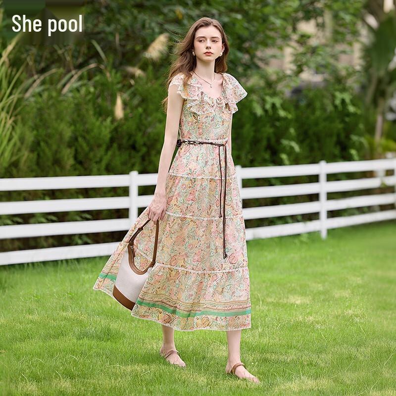 Elegant Floral Ruffle V-Neck A-Line Midi Dress XL