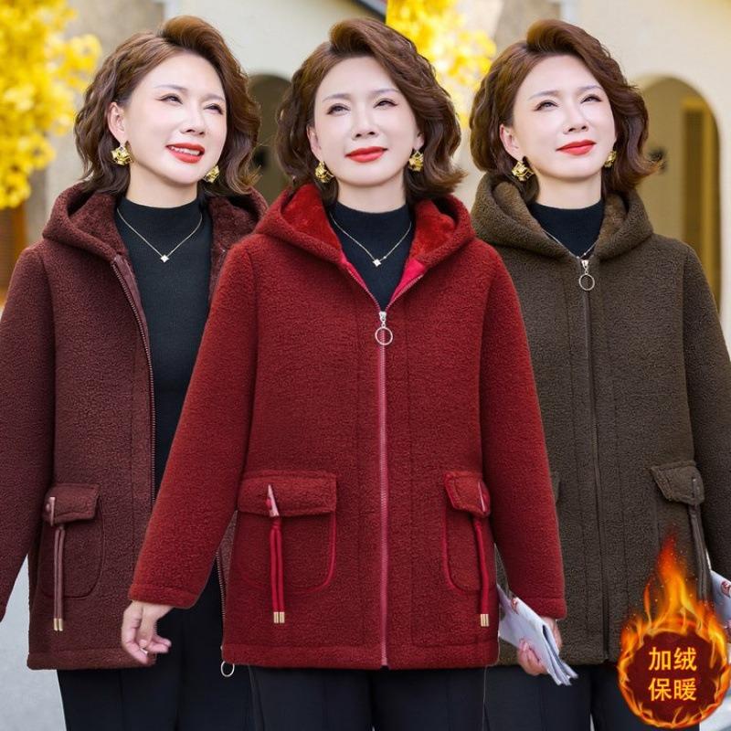 Winter New Middle-aged and Old Velvet Warm Cotton-padded Clothes, Thickened Granular Hooded Cotton-padded Jackets, Women's Jackets
