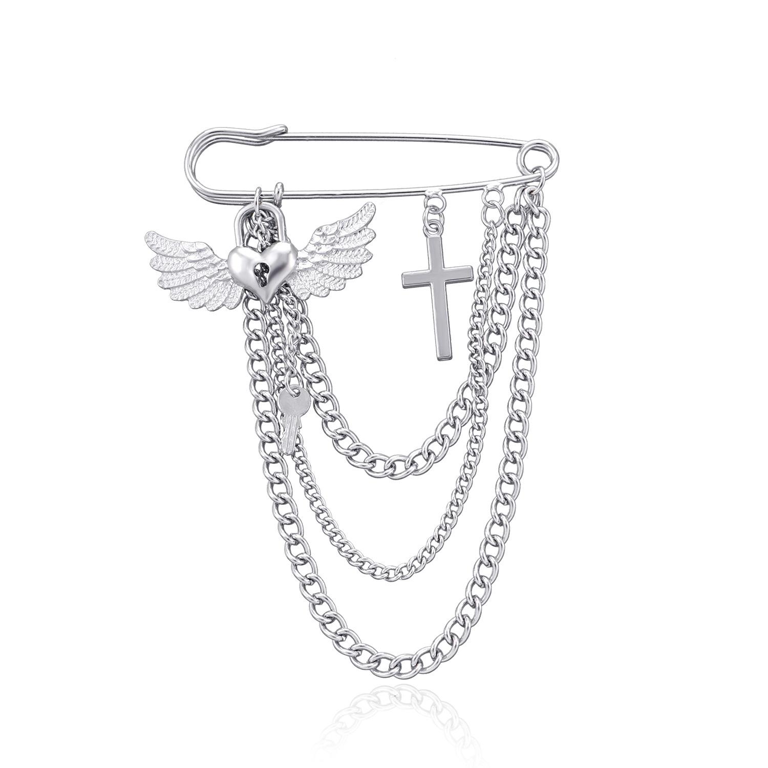 

Love lock wing brooch, personalized fashionable chain cross pin pendant